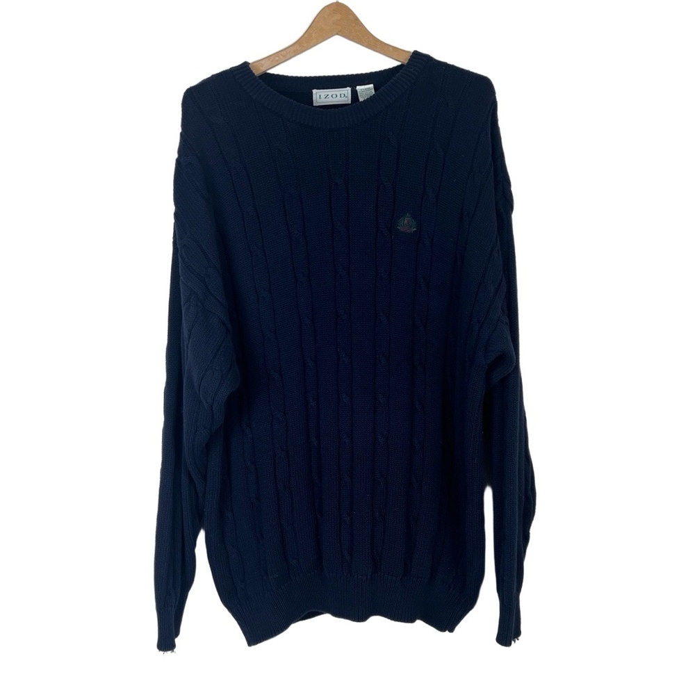 IZOD Sweater Mens Size XL Navy Cable Knit Long Sleeve Crewneck Preppy Nautical